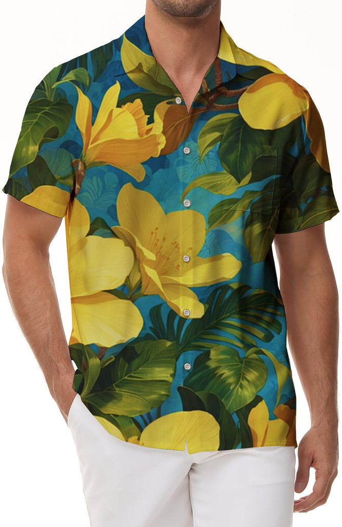 Yellow flower summer button-down men's Hawaiian shirt short sleeve pocket short sleeve shirt tropical seaside party