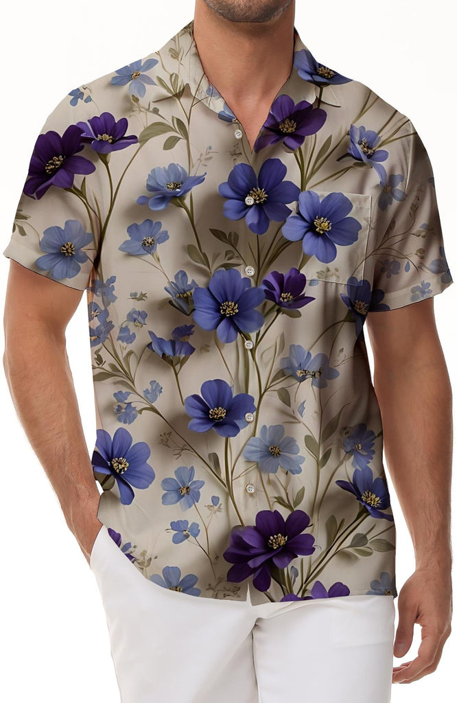 Small floral purple casual short-sleeved regular version men's tropical fashion Hawaiian style shirt suitable for seaside drifting and beach parties