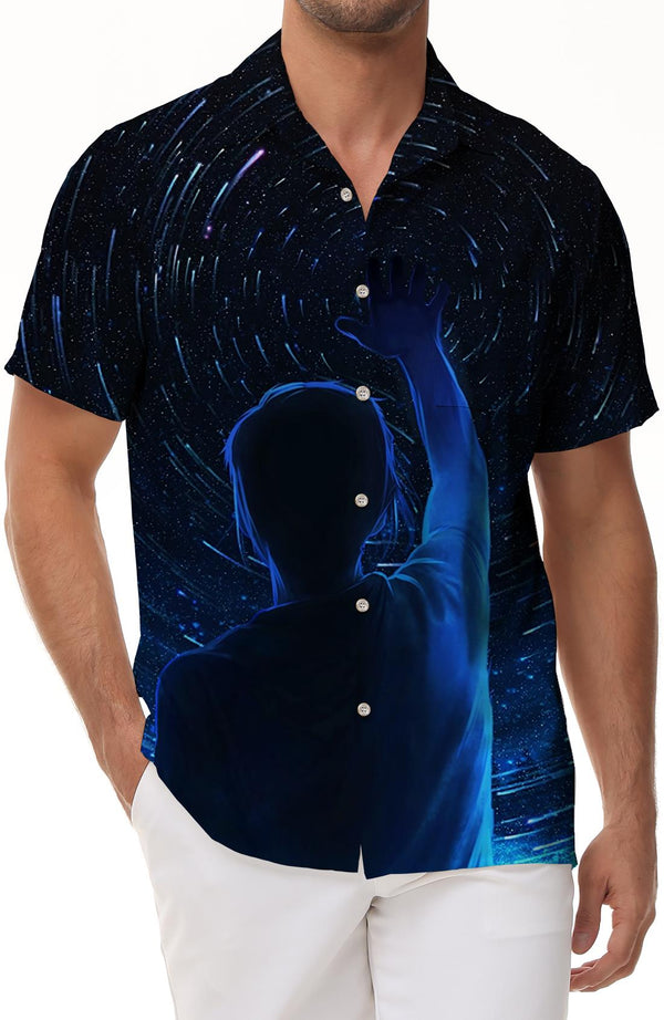Blue Cartoon Galaxy Back Men's Hawaiian Shirt Character Back Lapel Shirt Summer 3D Printed Short Sleeve Top Casual Beach Shirt Blue