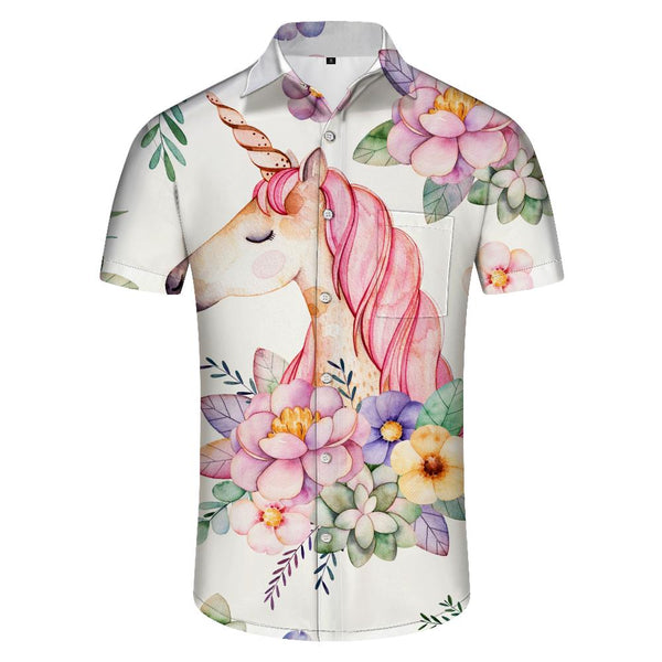 
Pink Unicorn Horse Hawaiian Lapel Men's Short Sleeve Pink Floral Beach Shirt Summer Casual Tops Button
                