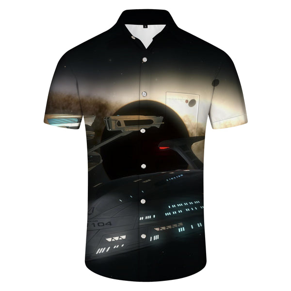 
Black hole outer space fantasy space planet and sci-fi interstellar travel starship print short sleeve shirt
                
