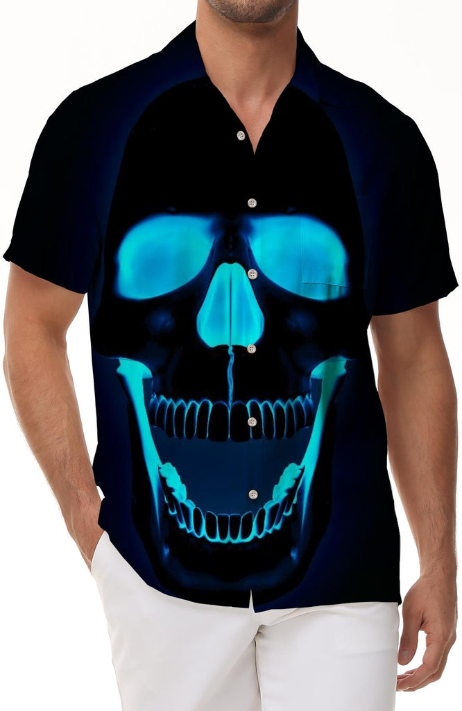 Blue light funny 3d skull print Tropical summer men's short-sleeved shirt button lapel pocket short-sleeved shirt Hawaii