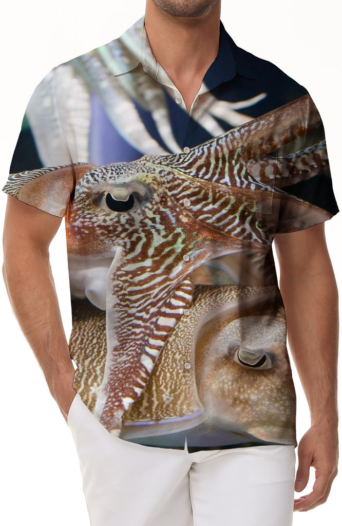 Fun Undersea Squid Beach Seaside Short Sleeve Shirt Hawaii Tropical Four Seasons Men's Short Sleeve Shirt Casual Loose Regular Style