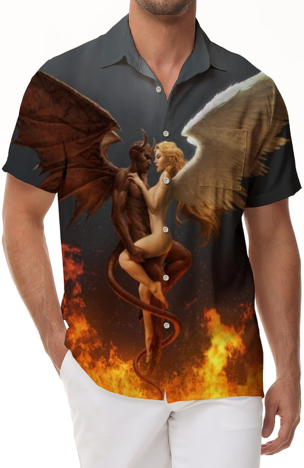 Angel Wings and Hell Devil Hip Hop Rap Shirt Casual Loose Men's Short Sleeve Shirt Seaside Short Sleeve Shirt Beach