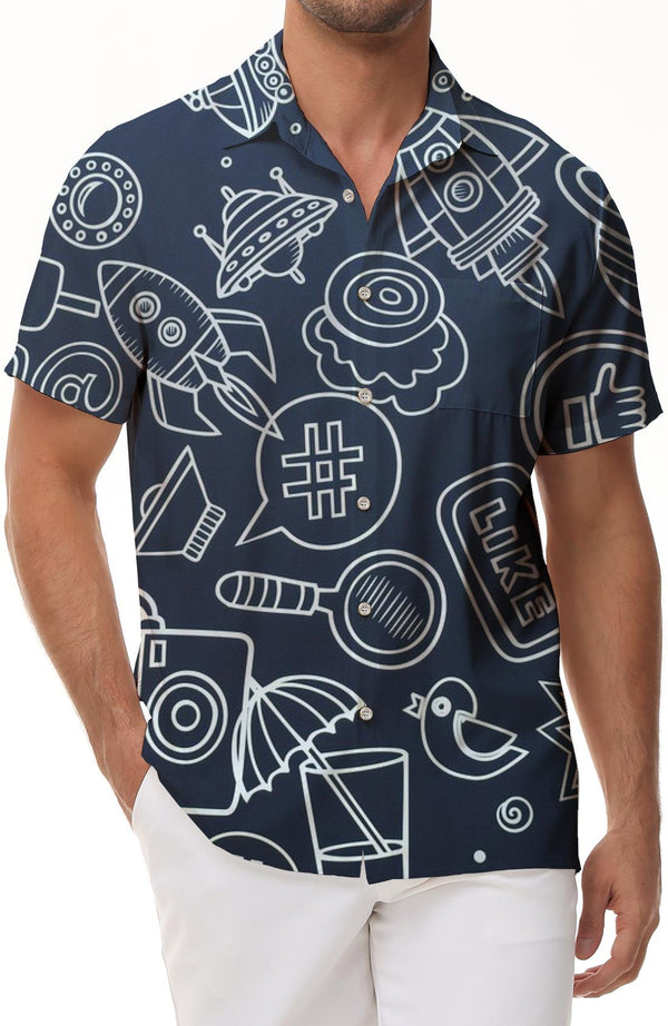 Men's dark blue cartoon pattern short-sleeved shirt summer casual fun design  fashionable and comfortable tops clothing