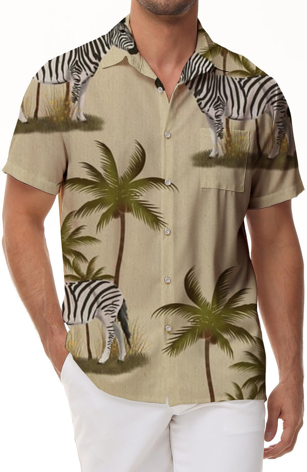 Zebra Tropical Palm Leaves Beige Hawaiian Shirt Mens Fun Mens Hawaiian Shirt Short Sleeve Button Down Summer