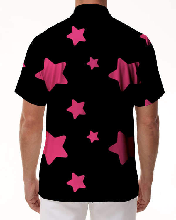 
Cool black pink five-pointed star men's casual loose vacation seaside beach tropical Hawaii daily casual short-sleeved shirt top
                
