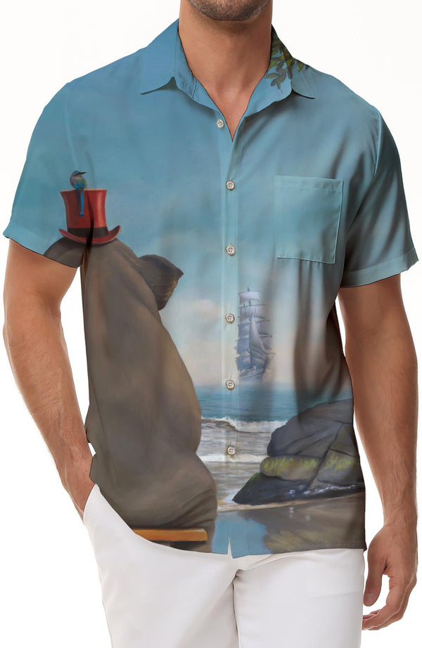 Hawaiian Shirt Mens Casual Elephant Sitting On A Pile Of Luggage Mens Ocean Tropical Short Sleeve Button Down Beach Shirt Tops