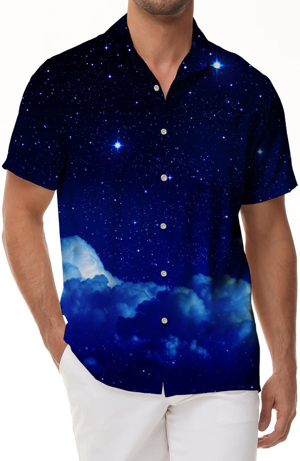 Men's Hawaiian Everyday Shirt Lapel Shirt Summer 3D Print Pattern Cloud Print Short Sleeve Top Casual Beach Shirt Blue