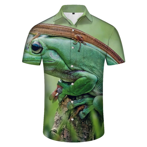 
Stone lizard and frog on tree print men's Hawaiian tropical shirt short sleeve casual button down summer beach shirt with pockets
                