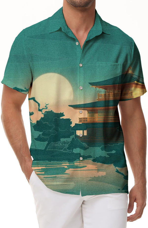Forbidden City Japanese Palace Anime Moon Lotus Pond Men's Casual Loose Short Sleeve Sports Hawaiian Shirt Casual Short Sleeve Tops