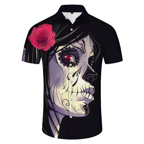 
Cartoon Day of the Dead Floral Skull Gothic Men's Shirt Short Sleeve Hawaiian Shirt Beach Casual Work Shirt Tops
                