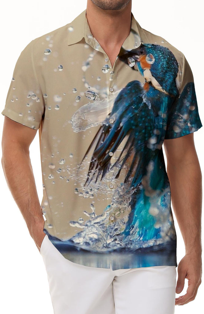 Blue cute water kingfisher bird men's casual loose short sleeve button shirt casual Hawaiian shirt comfortable