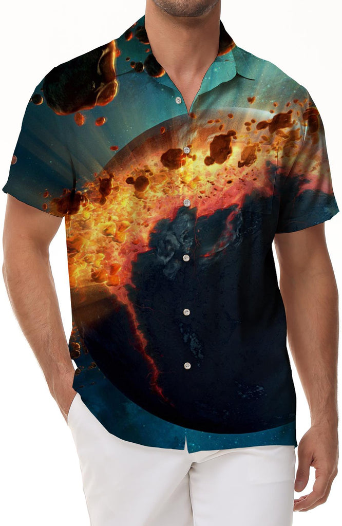 Exploding Earth Mens Casual Button Down Hawaiian Shirt Trendy Tropical Summer Outfit Mens Vintage Beach Wear