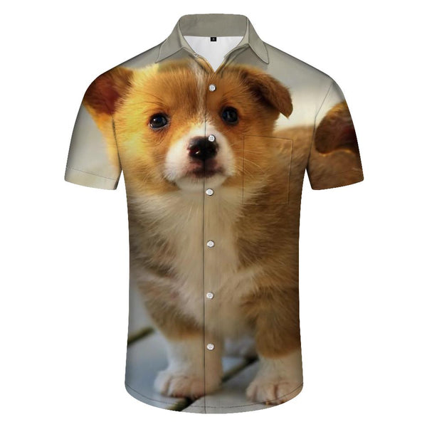 
Fashionable cute corgi print men's casual loose Hawaiian summer beach short sleeve casual short sleeve
                