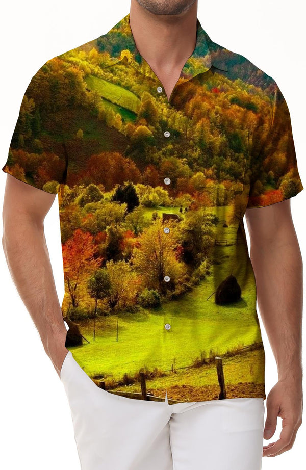 Nature Four Seasons Printed Pattern Men's Hawaiian Button Lapel Summer Short Sleeve Beach Tropical Vacation Beach Top