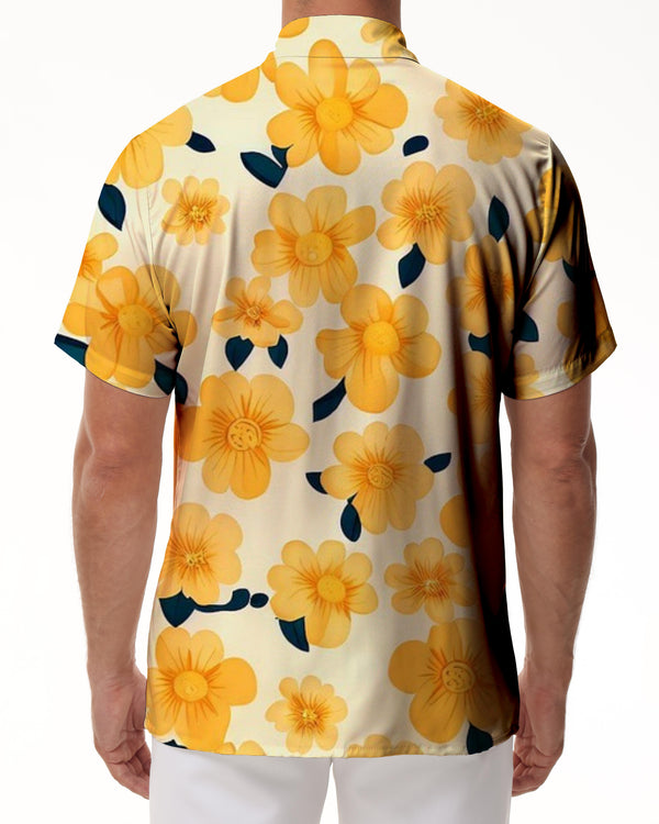 
Yellow small flower print pattern button-down lapel men's casual loose tropical Hawaiian cool fashion top
                
