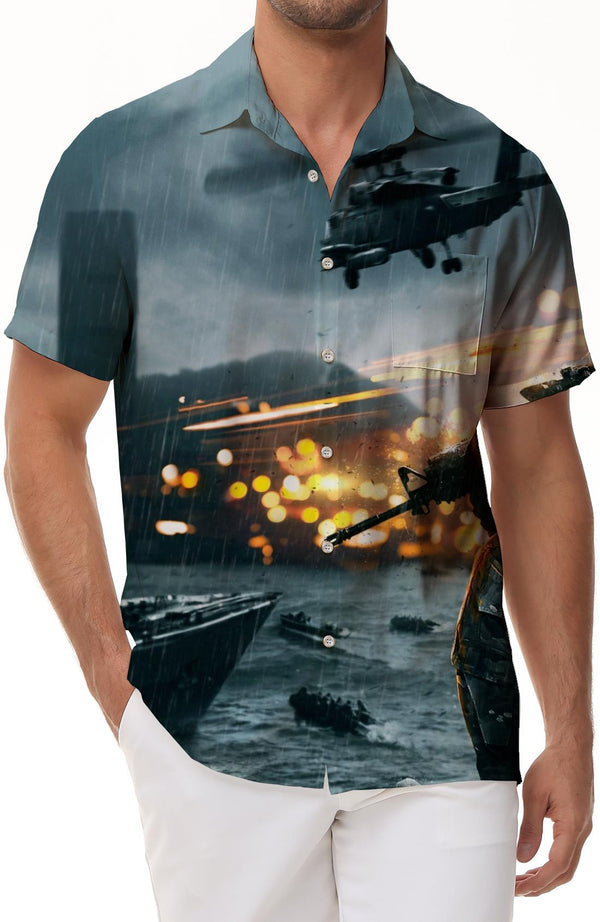 Vintage War Crossfire Mens Hawaiian Shirt Short Sleeve Button Shirt Casual Beach Wear Mixed Colors