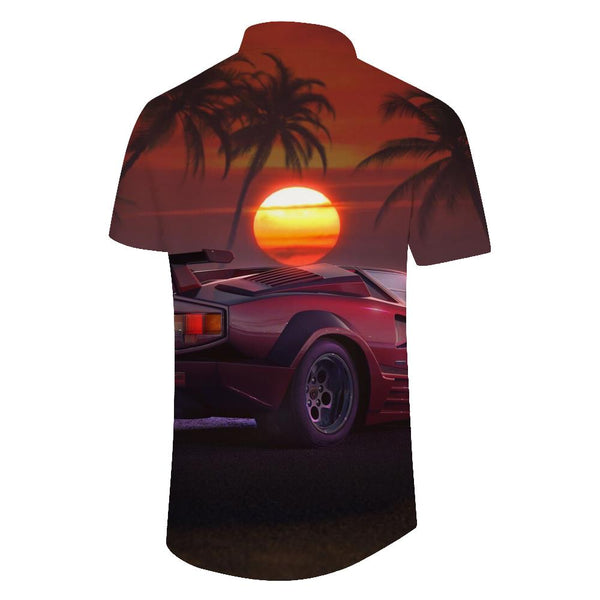 
Red sports car seaside coconut tree sunset view Hawaiian button tropical lapel summer men's casual loose daily street outdoor
                