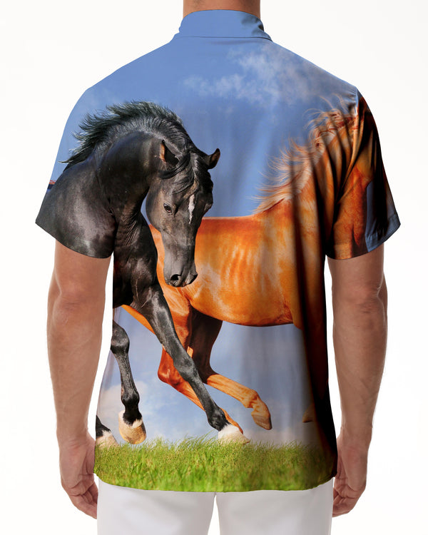 
Printed horses running on the grass short sleeve casual fashion men's tropical Hawaiian button pocket lapel shirt retro style
                