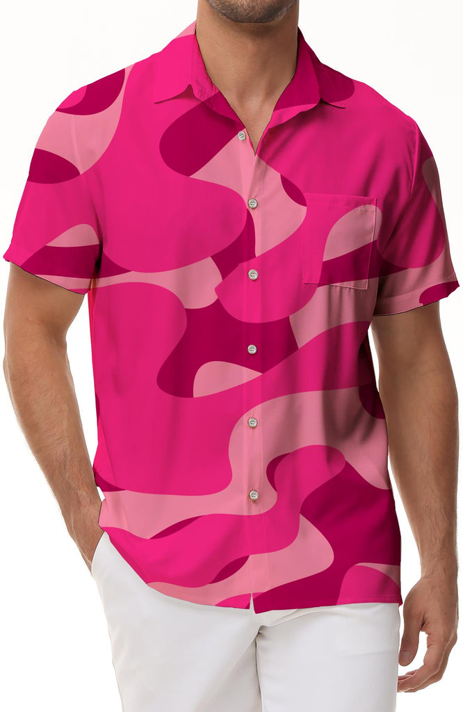 Pink Mens Camouflage Hawaiian Fashion Short Sleeve Button Summer Beach Casual Hawaiian Shirt
