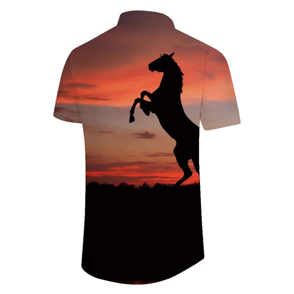 
Wild Horses in the sunset and night fashion Hawaiian button-down lapel men's casual loose short-sleeved shirt tops
                