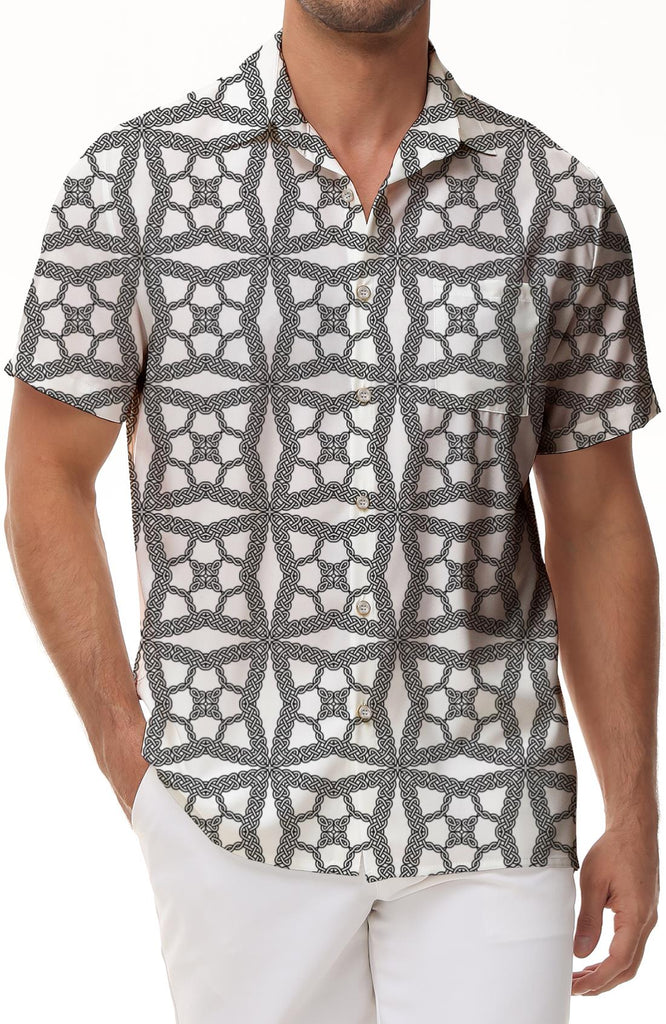 White pattern woven polyester hawaiian button style casual shuttle casual short sleeve button shirt art pattern designer shirt fashion