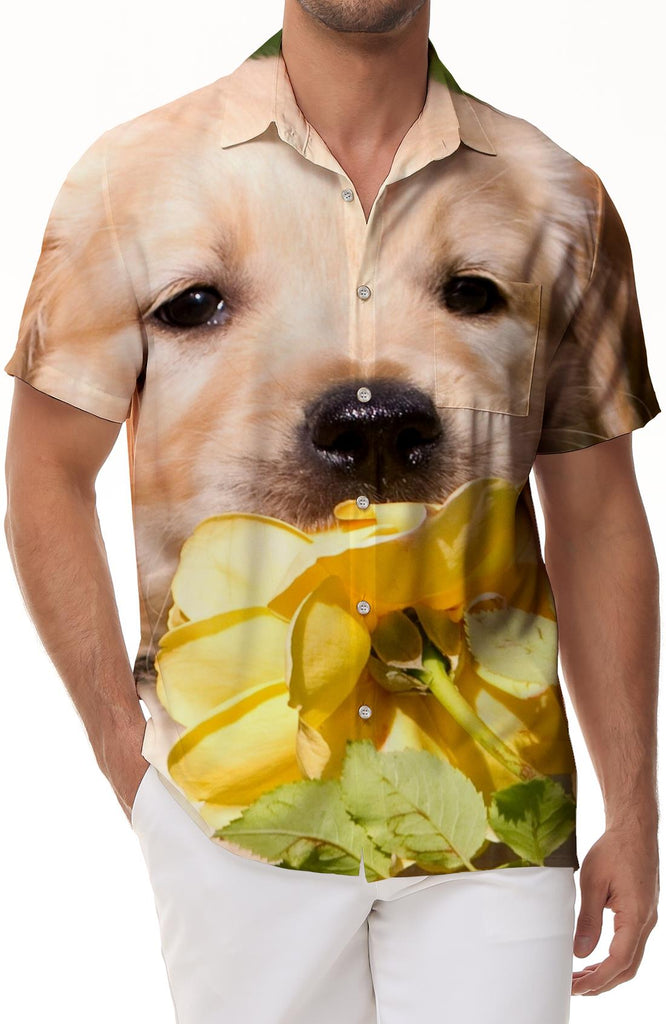 Summer Men's Casual Short Sleeve Hawaiian Shirt Beach Golden Retriever Puppy Pet Print Button Shirt Tops