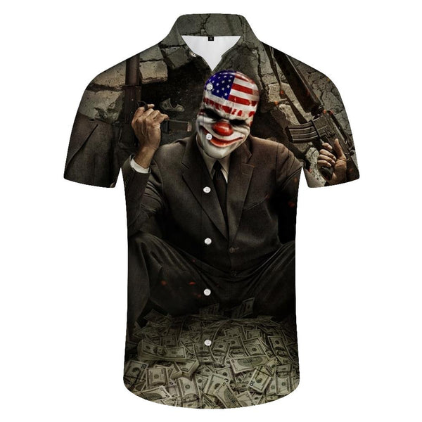 
American clown city machine gun war 3d digital printing fashion Hawaiian short sleeve button men's short sleeve casual short sleeve shirt clothing
                