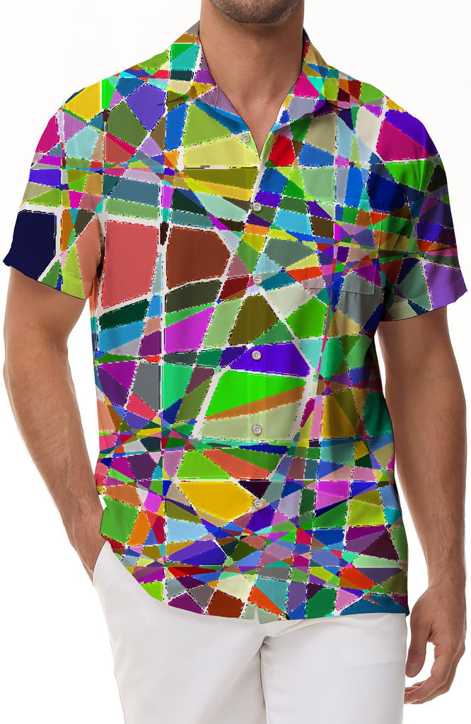 Colorful geometric cool personalized hip-hop men's loose casual daily short-sleeved tropical Hawaiian lapel button-down shirt