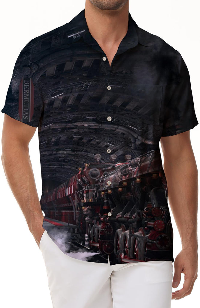 Steam Train Printed Men's Shirt Casual Short Sleeve Button-Up Beach Tropical Shirt Fashion Summer