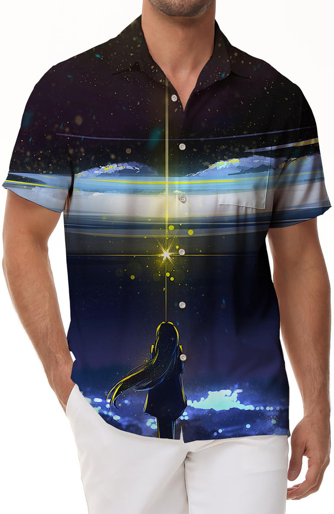 Anime Night Sky Silver Sea Hawaiian Shirt Men's Short Sleeve Button Shirt Men's Hawaiian Shirt Beach Clothing