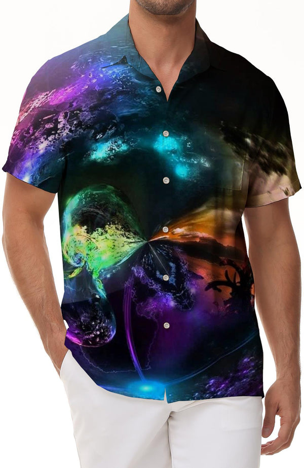 Hawaiian Shirt Casual 3D Style Colorful Earth Print Men Fashion Summer Loose Short Sleeve Lapel Button Beach Shirt Short Sleeve