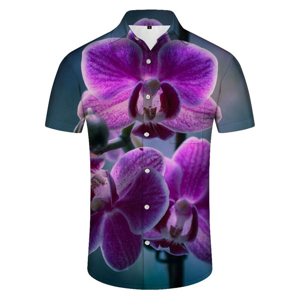 
Purple orchid print seaside vacation daily travel Hawaii four seasons tropical short-sleeved shirt button lapel pocket men's
                