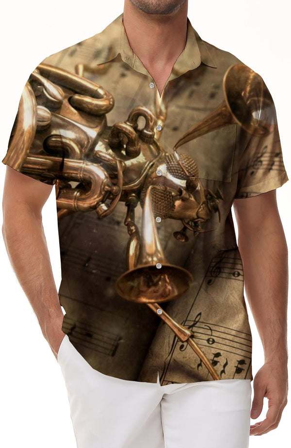 Yellow trombone music sheet music shirt men's Hawaiian shirt 3D shirt men's Hawaiian shirt short sleeve