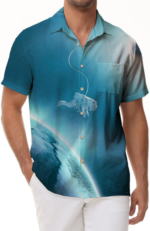 Digital Printing Earth Astronaut Tropical Four Seasons Leisure Hawaiian Summer Beach Shirt Short Sleeve Top Men's Shirt Button Shirt Seaside Beach Clothing