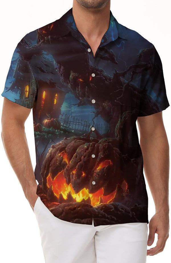Men's Halloween Costume Shirts Horror Pumpkin Pattern Button Shirt Short Sleeve Vintage Horror Shirt
