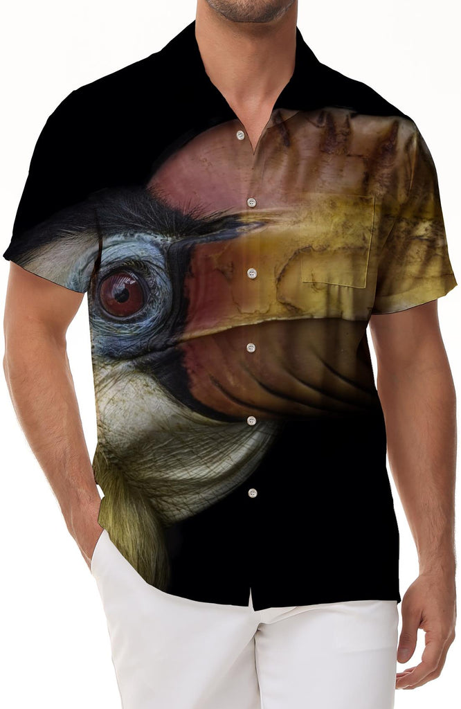 Personalized Abstract Rap Style Bird Shirt Men Pocket Loose Classic Fashion Casual Hawaiian Tropical Button Lapel Short Sleeve Black