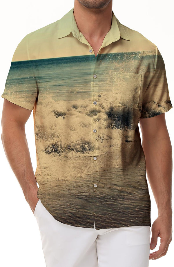 Seaside Waves Tropical Summer Beach Hawaiian Button Lapel Pocket Men's Casual Loose Short Sleeve Shirt