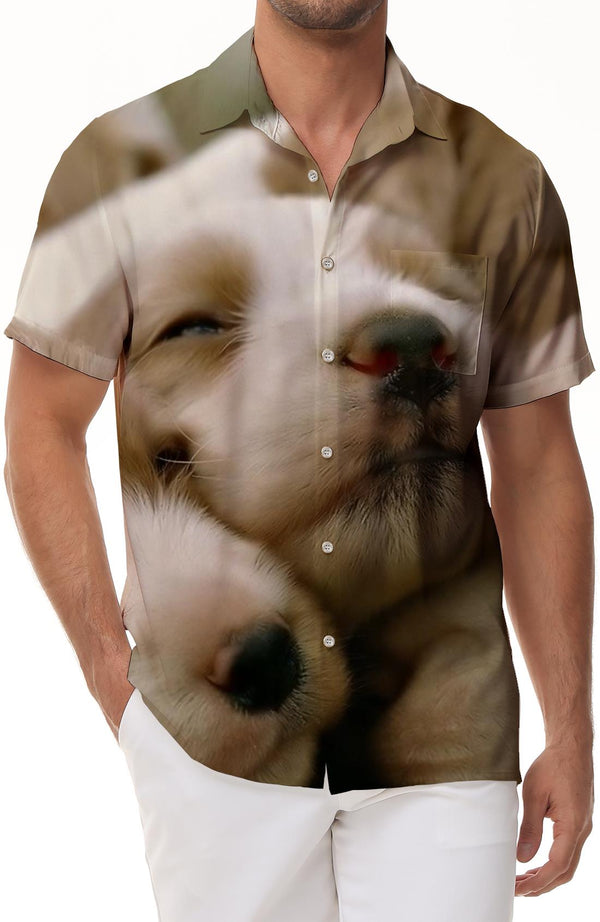 Cute Puppy Print Men's Casual Simple Loose Street Shirt Button-down Summer Hawaiian Style Short Sleeve