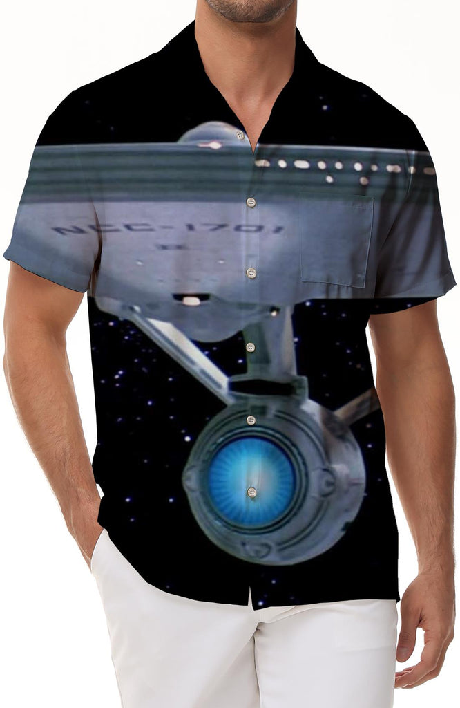 Fantasy Space Planet and Sci-Fi Interstellar Travel Starship Print Short Sleeve Shirt Black
