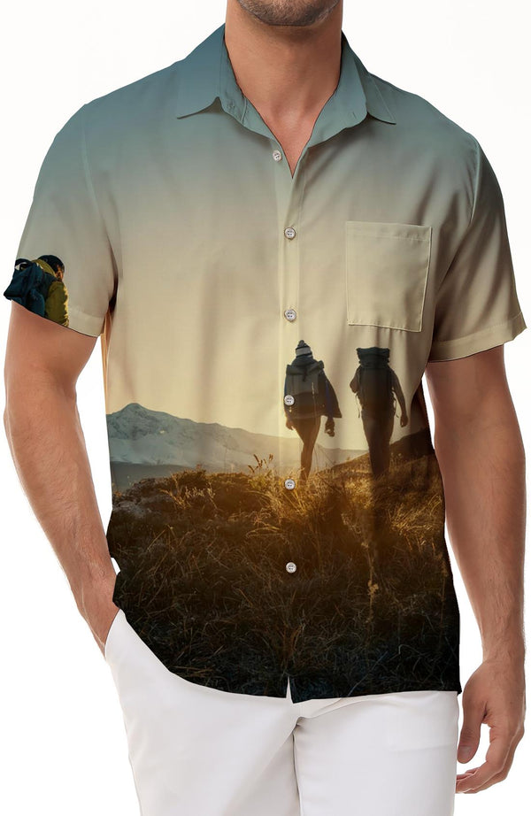 Outdoor mountaineering 3d print pattern Hawaiian tropical button-down lapel pockets men's casual loose regular shirt tops