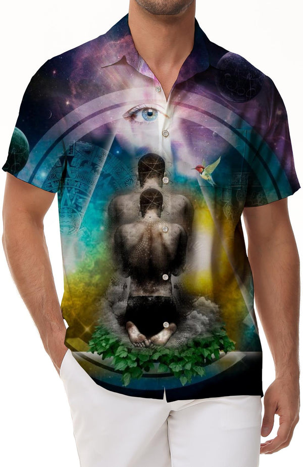 Hawaiian short sleeve art Buddhist shirt loose men's summer versatile tops retro print beach shirt tops