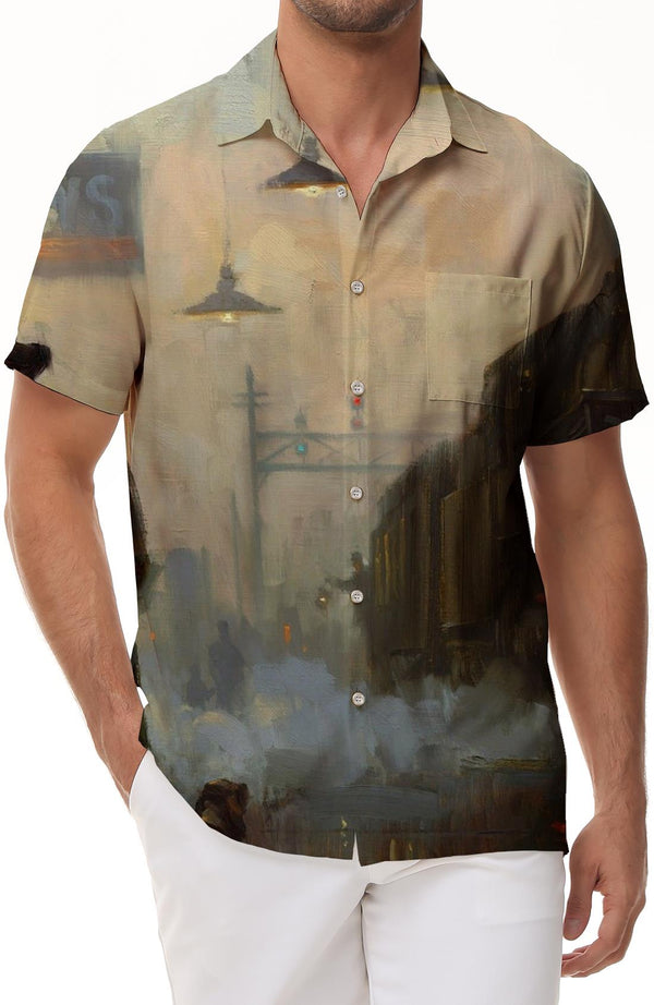 Retro men's oil painting atmosphere street casual Hawaiian tropical rainforest four seasons button lapel pocket top