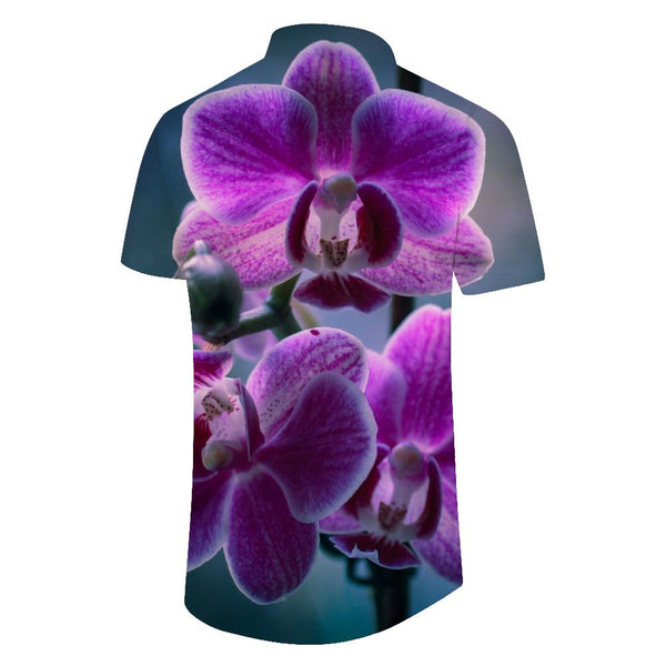 
Purple orchid print seaside vacation daily travel Hawaii four seasons tropical short-sleeved shirt button lapel pocket men's
                