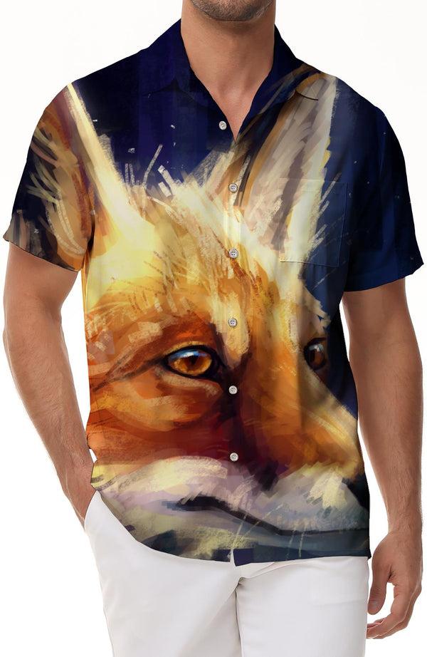 Oil painting art glowing fox face Hawaiian shirt short sleeve lining button down lapel short sleeve shirt beach vacation seaside top