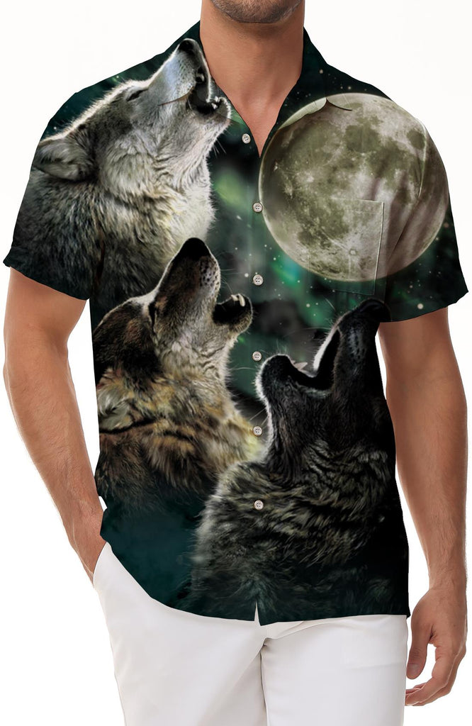 Pack of wolves mysterious tropical Hawaiian lapel button collar loose casual short-sleeved beach wear shirt print pattern