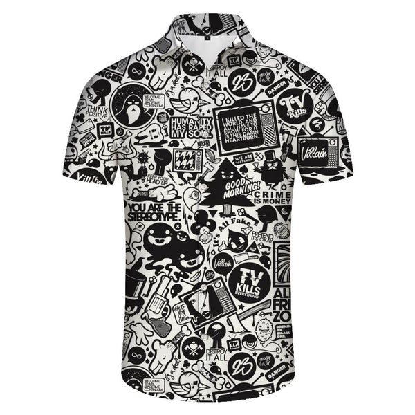 
Black and white art print pattern casual loose men's fashion button-down lapel summer vacation beach shirt short sleeves
                