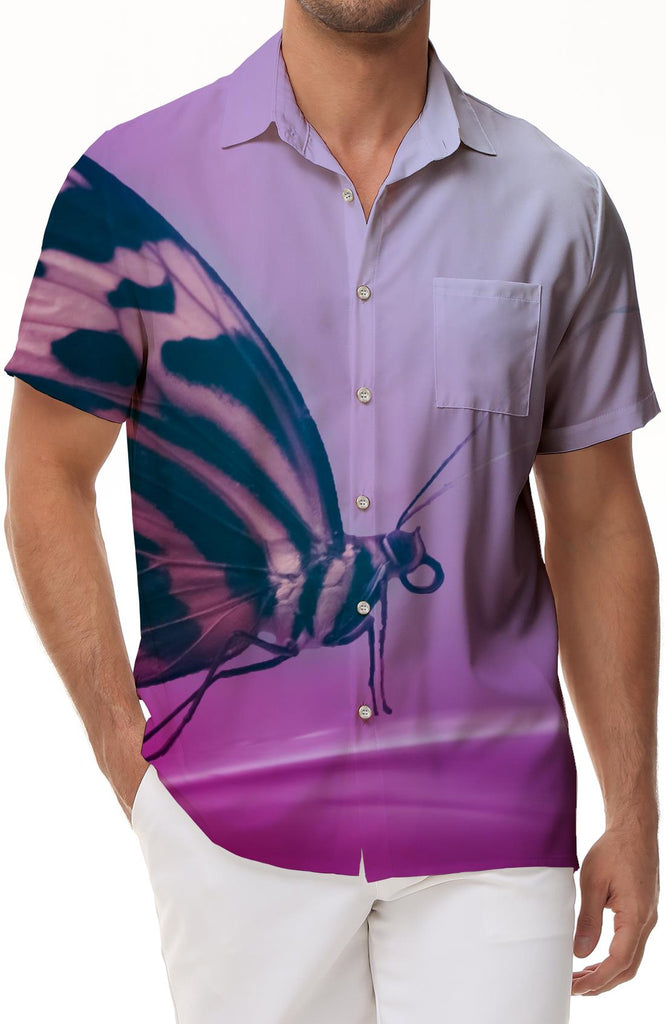 Purple Butterfly Print Hawaiian Tropical Shirt Short Sleeve Men's Casual Button Down Summer Beach Shirt with Pockets