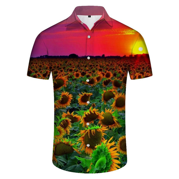 
Sunset Gold Sunflower Field Print Hawaiian Button Shirt Men's Casual Loose Short Sleeve Shirt Tops
                